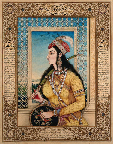 Badshah Of JalundurS Begum Holding A Sword And A ShieldC.1800 - 1899 -  Vintage Indian Miniature Art Painting - Art Prints by Miniature Vintage