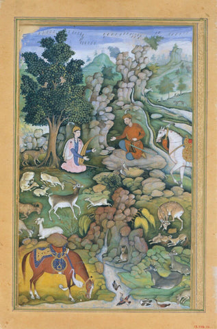 Bahram Gur Sees A Herd Of Deer Mesmerized By Dilaram’ S Music - Khamsa (Quintet) - C.1570–1604 -  Vintage Indian Miniature Art Painting by Miniature Vintage