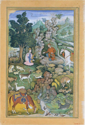 Bahram Gur Sees A Herd Of Deer Mesmerized By Dilaram’ S MusicKhamsa (Quintet) - C.1570–1604 -  Vintage Indian Miniature Art Painting by Miniature Vintage