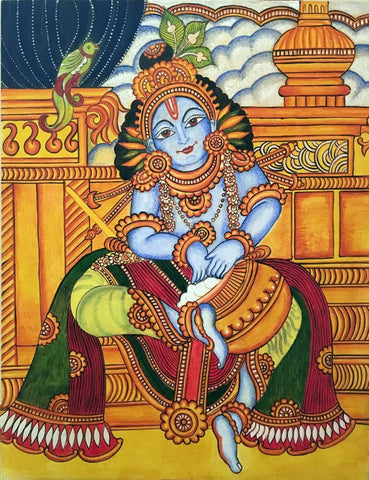 Bal Gopala Krishna Enjoying Butter - Kerala Mural Painting - Canvas Prints
