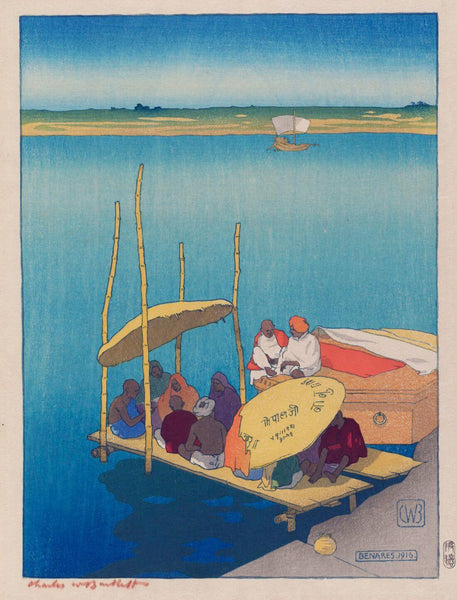 Banaras Ghat - Charles W Bartlett - Vintage 1916 Orientalist Woodblock India Painting - Canvas Prints