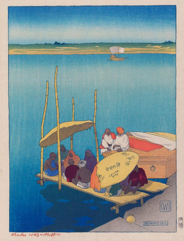 Banaras Ghat - Charles W Bartlett - Vintage 1916 Orientalist Woodblock India Painting - Art Prints