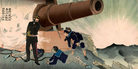 Battle of the Yellow Sea Sailors Aboard The Warship Matsushima - Kobayashi Kiyochika - Japanese Woodblock Print - Art Prints by Kobayashi Kiyochika
