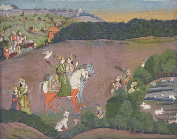 Baz Bahadur And Rani Roopmati Hawking - Mir Kalan Khan - Mughal Miniature Art Indian Painting - Art Prints