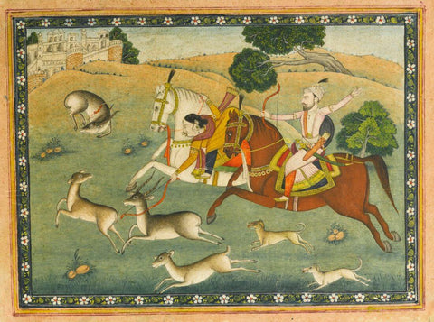 Baz Bahadur And Rupmati Hunting, Pahari - 19Th Century -  Vintage Indian Miniature Art Painting by Miniature Vintage