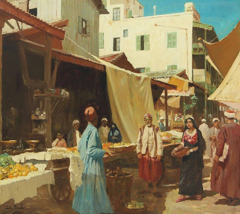 Bazaar in North Africa - John Gleich - Vintage Orientalist Painting - Framed Prints by John Gleich