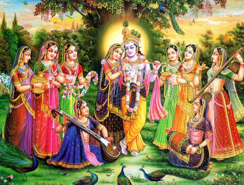 Beautiful Radha and Krishna and the Eight Chief Gopis - Framed Prints