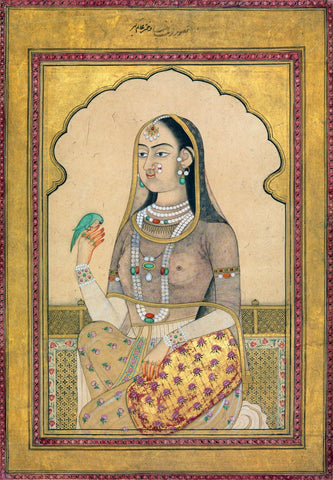 Bejewelled Queen With Parakeet - Vintage Indian Royalty Painting - Art Prints by Tallenge