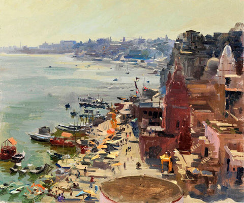 Benaras From The Rooftop - Painting Of The Holy City of Varanasi India - Framed Prints by Shriyay