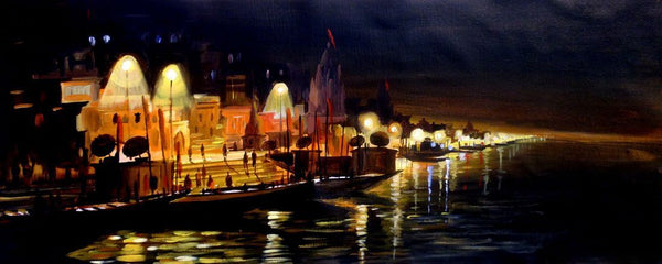 Benaras Ghats At Night - The Sacred City of Varanasi Painting - Posters