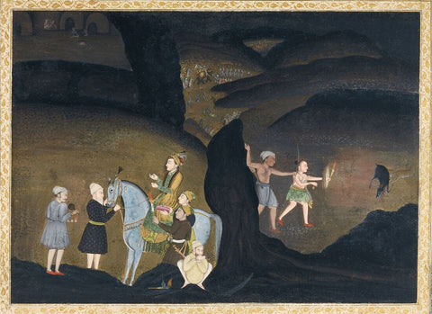 Bhils Hunting Black Buck At Night, A Prince On Horseback With His Entourage Nearby, Mughal, Oudh - Late 18Th Century - C.1168 -  Vintage Indian Miniature Art Painting - Framed Prints