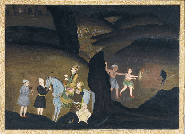 Bhils Hunting Black Buck At Night, A Prince On Horseback With His Entourage Nearby, Mughal, Oudh - Late 18Th Century - C.1168 -  Vintage Indian Miniature Art Painting - Canvas Prints
