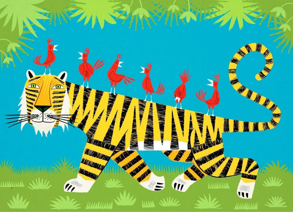 Birds Taking Ride On Tiger - Art Prints