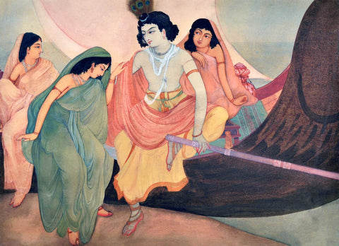 Boating Radha Krishna (Nauka Vihar) - Nandalal Bose - Bengal School Indian Painting by Nandalal Bose