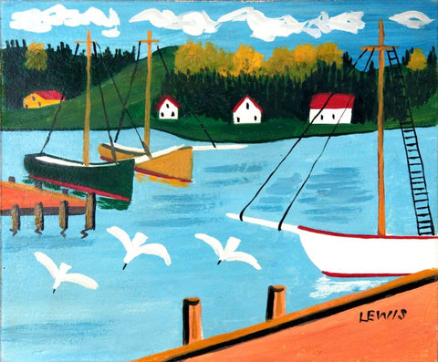 Boats In A Harbour (1958) - Maud Lewis - Canadian Folk Artist by Maud Lewis