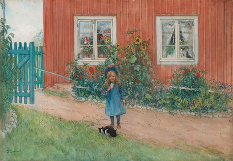 Brita With A Cat (Brita en katt och en smörgås) - Carl Larsson - Water Colour Painting - Canvas Prints