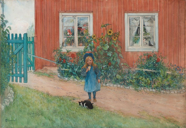 Brita With A Cat (Brita en katt och en smörgås) - Carl Larsson - Water Colour Painting - Art Prints