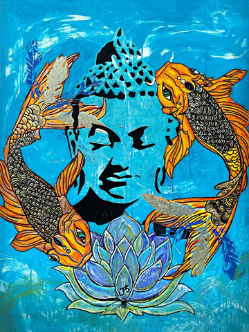 Acrylic Painting - Buddha Seen In Koi Pond - Large Art Prints by James Britto