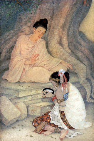 Buddha and Sujata - Kshitindranath Mazumdar – Bengal School of Art - Indian Painting - Art Prints by Kshitindranath Majumdar