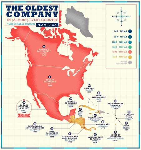 Business Map - The Oldest Company Still In Business in North America - Poster Fine Art Infographic  For Office - Canvas Prints