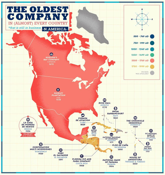 Business Map - The Oldest Company Still In Business in North America - Poster Fine Art Infographic For Office - Posters
