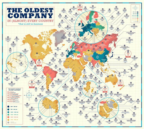 Business Map - The Oldest Company in Every Country Of The World - Poster Fine Art Infographic For Office - Life Size Posters