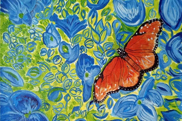 Butterfly Amongst Blue Flowers - Contemporary Oil Painting Print - Framed Prints