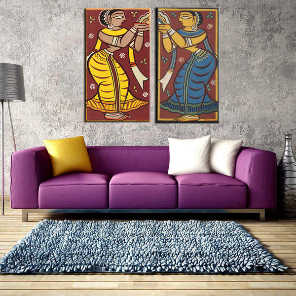 Set of 2 Jamini Roy Paintings - Gallery Wrapped Art Print (13 x 24) inches each