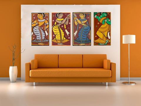Set of 4 Jamini Roy Paintings - Gallery Wrapped Art Print (13 x 24) inches each by Jamini Roy