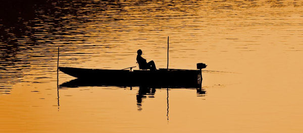 Calm Water Fisherman In Boat - Sepia - Posters