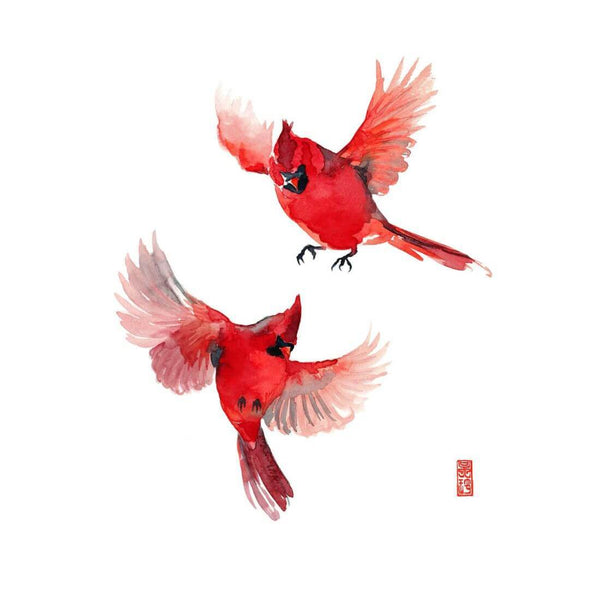 Cardinals Take Wings - Watercolor Painting - Bird Wildlife Art Print Poster - Framed Prints
