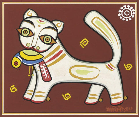 Cat With Parrot - Jamini Roy - Bengal Art Painting by Jamini Roy