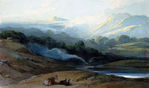 Cattle Resting in a Mountainous Landscape - George Chinnery - c 1812 - Vintage Orientalist Painting of India - Art Prints by George Chinnery