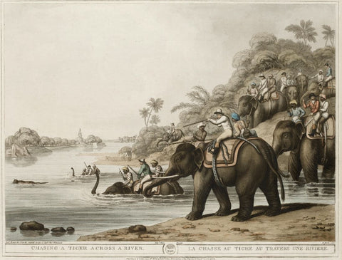 Chasing A Tiger Across the River - Thomas Williamson And Samuel Howwit -  Indian Vintage Orientalist Painting - Art Prints by Thomas Williamson And Samuel Howitt