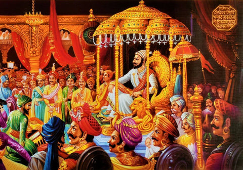 Painting depicting the grand coronation of Shivaji Maharaj with priests and subjects