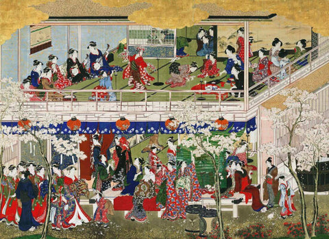 Cherry Blossoms at Yoshiwara - Kitagawa Utamaro - Japanese Edo period Ukiyo-e Woodblock Print Art Painting - Framed Prints