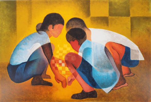 Children With The Checkerboard- Louis Toffoli - Contemporary Art Painting by Louis Toffoli