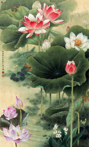 Chinese Gongbi Painting - Nine Lotus by Tallenge Store
