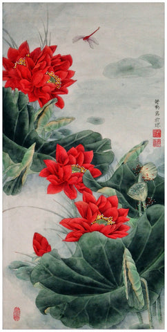 Chinese Gongbi Painting - Water Lilies by Tallenge Store