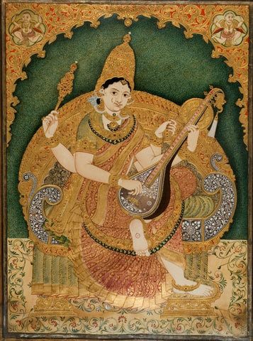 Indian Miniature Art - Mysore Painting - Goddess Saraswathi - Art Prints
