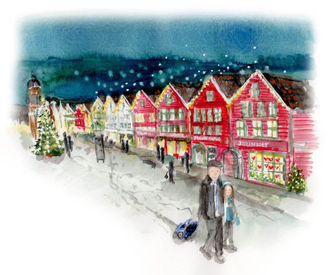 Christmas in Bryggen Bergen Norway Painting - Framed Prints