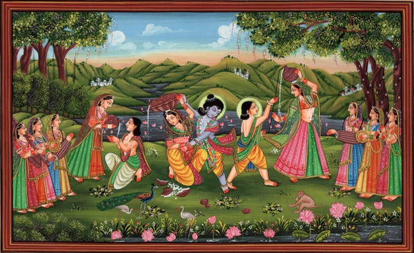 Krishna Teasing Radha And The Gopis - Classical Indian Miniature Art -Mewar Painting - Canvas Prints