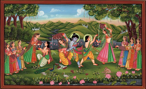 Krishna Teasing Radha And The Gopis - Classical Indian Miniature Art -Mewar Painting by Miniature Art