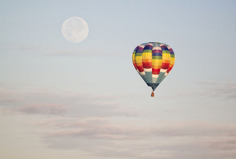 Colorful Hot Air Balloon In The Sky With Moon In The Background - Framed Prints