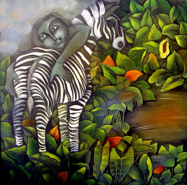 Indian Contemporary Art - Zebra And A Boy - Framed Prints