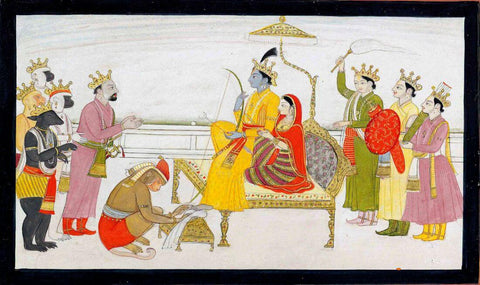 Coronation Of Lord Ram - Kangra School Vintage Indian Ramayan Painting - Large Art Prints by Raghuraman