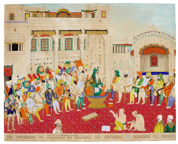 Court of Sher-e Punjab Maharaja Ranjit Singh - Bishan Singh - 19th Century Vintage Indian Sikh Royalty Painting - Framed Prints