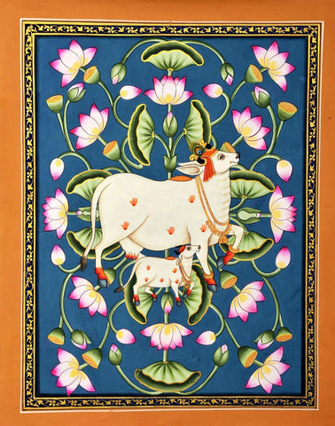 Cow With Calf - Contemporary Pichwai Painting - Posters by Krishna Pichwai