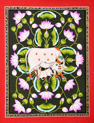 Cow With Calf - Contemporary Pichwai Traditional Painting - Life Size Posters by Krishna Pichwai