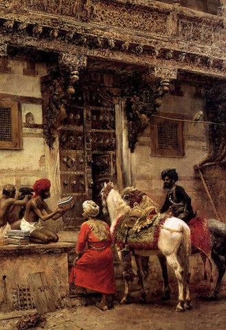 Craftsman Selling Cases by a Teak Wood Building in Ahmedabad - Canvas Prints by Edwin Lord Weeks